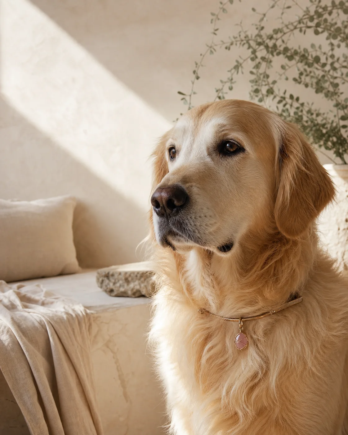 Golden retriever wearing a delicate crystal pet charm